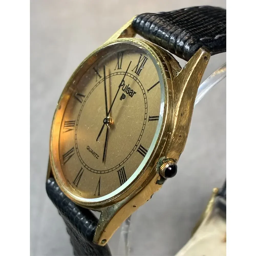 Pulsar Men's Slim Gold Tone Watch Y541-8009 Roman Numeral Dial 33mm Working Rare